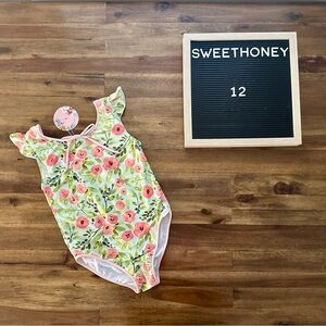 NWT SweetHoney Leotard Coral Dawn 12 Green Pink Floral Sleeveless Gymnastics